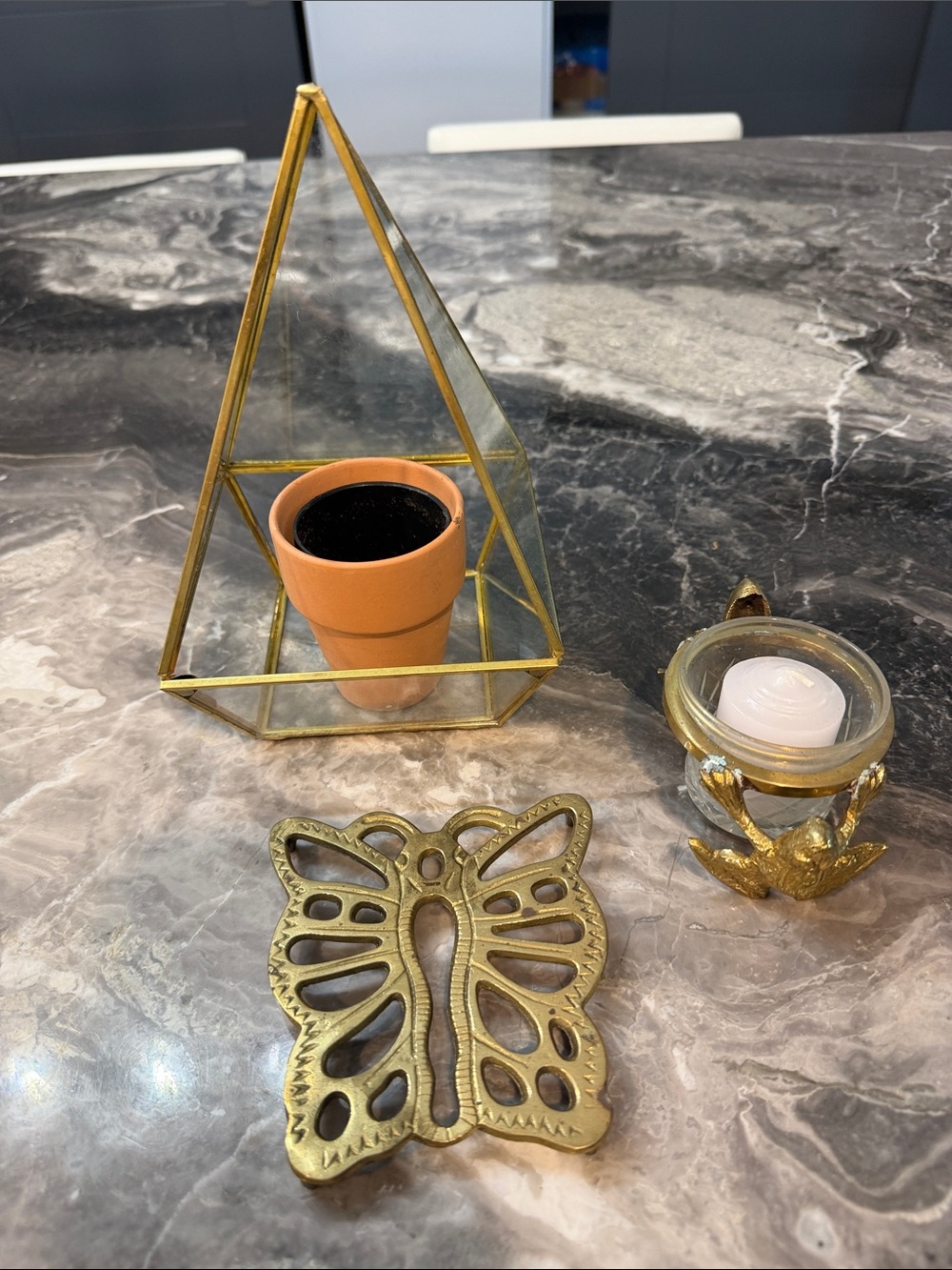 Gold Glass Pyramid Terrarium with Gold Home Accentsl - Picture 2 of 16